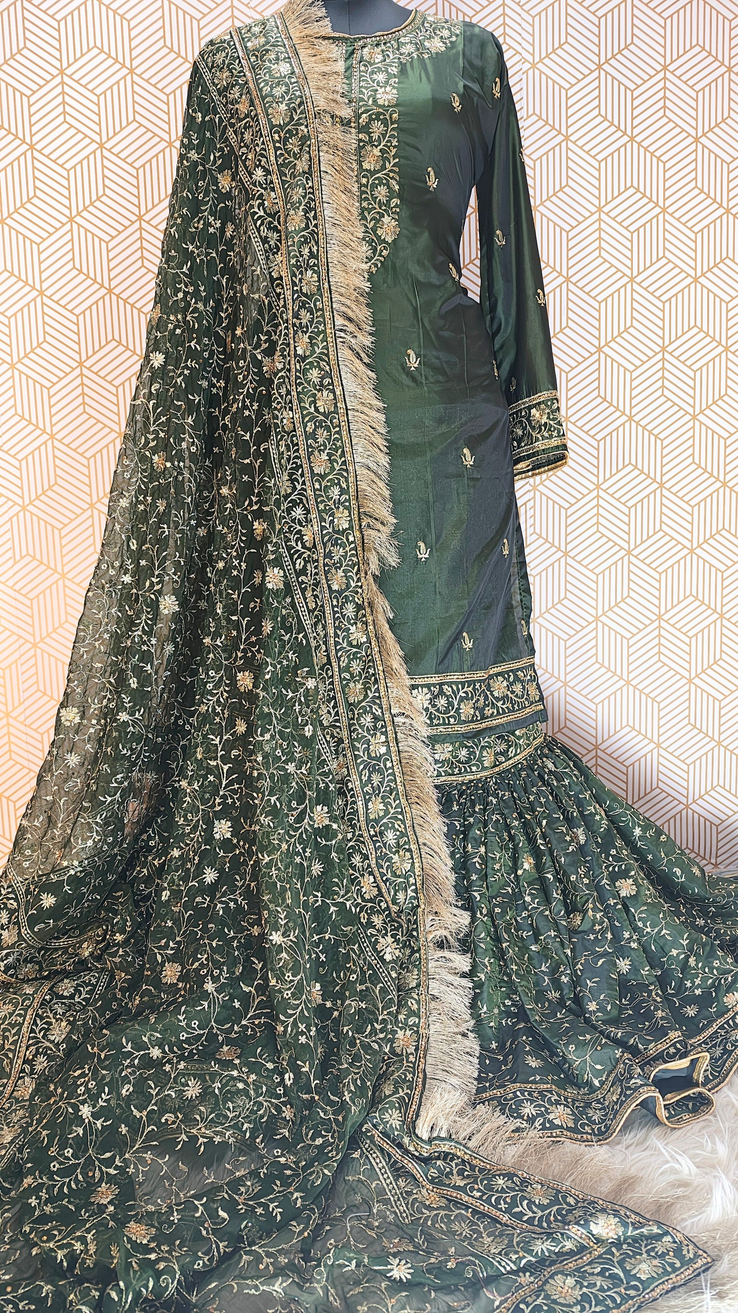 Dark Mehandi green Embroidered Gharara with Viscose silk base