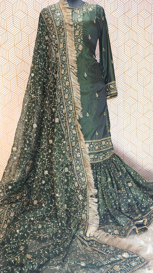 Dark Mehandi green Embroidered Gharara with Viscose silk base