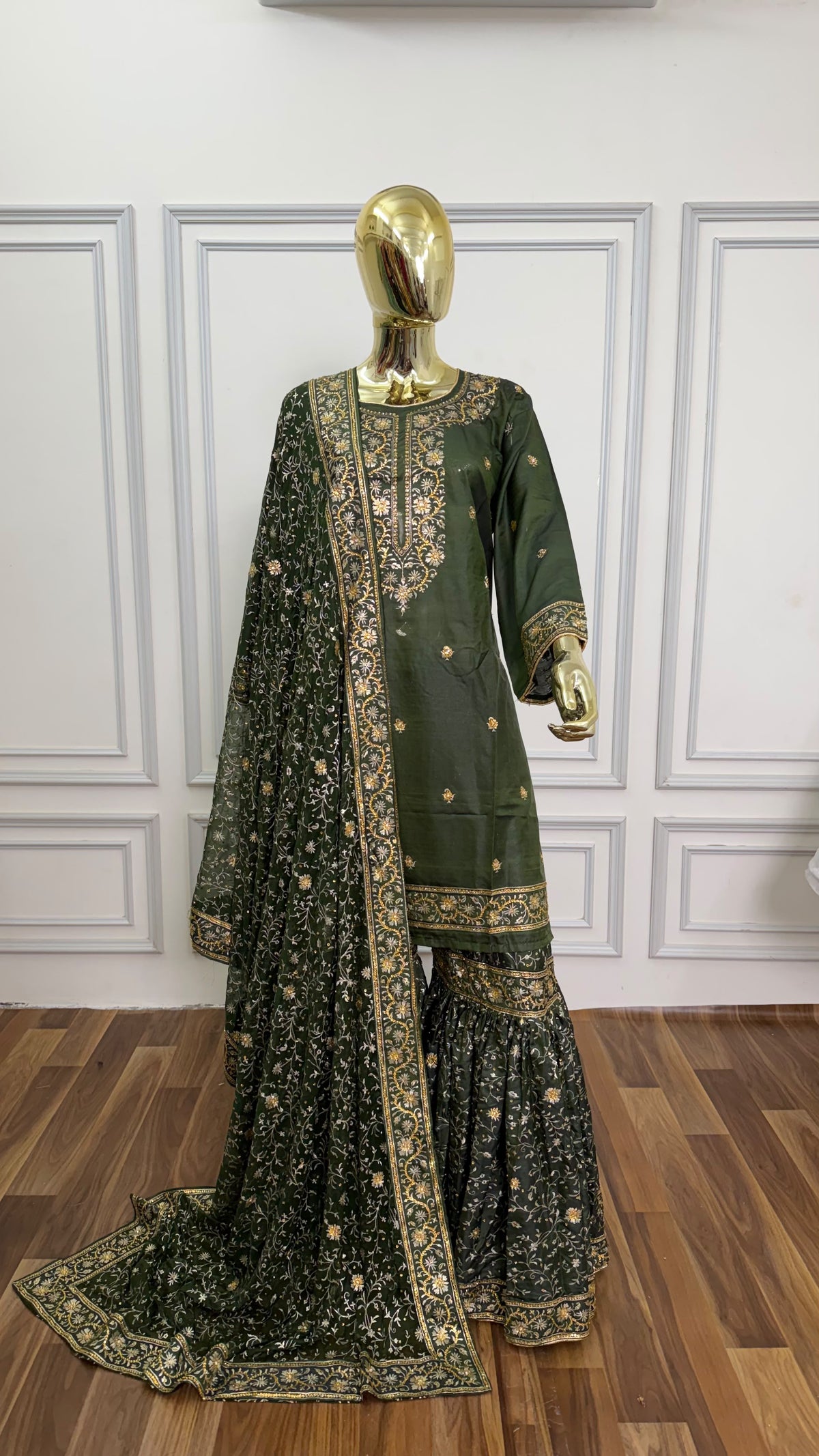 DEEP MEHENDI KUNDAN WORK SILK GHARARA