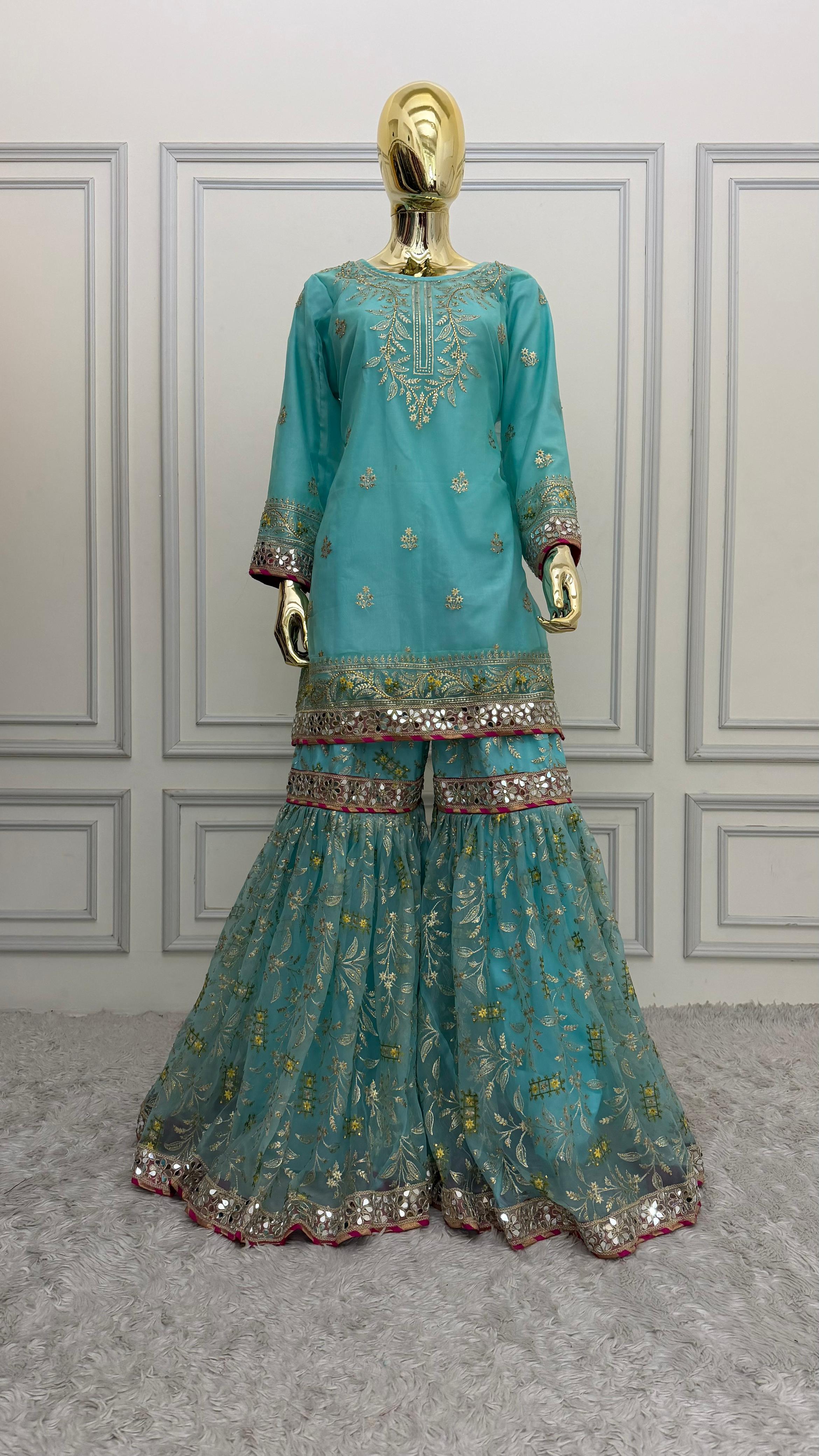 CYAN BLUE SHADE MIRROR WORK  GHARARA
