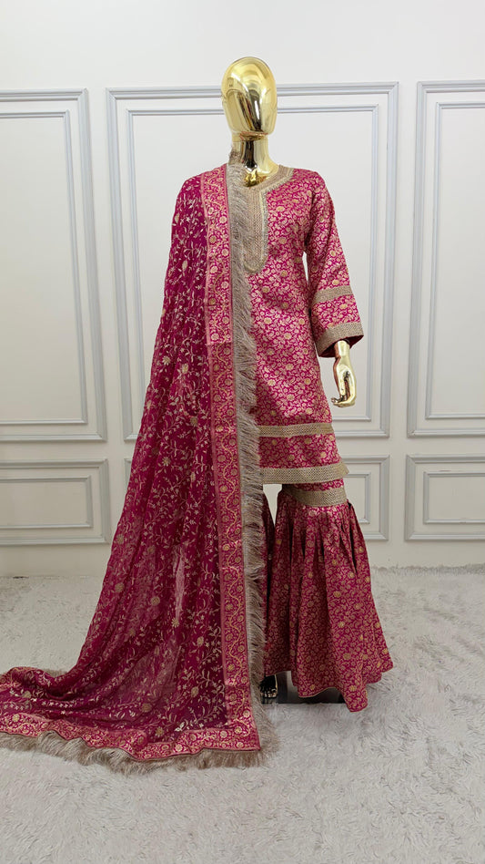 RANI PINK COLOR BANARASI KIMKHAB GHARARA WITH STONE WORK