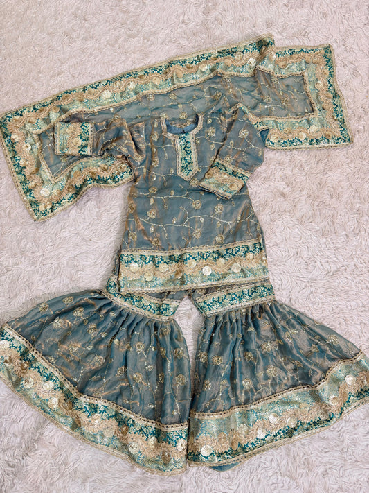 CADET BLUE KIDS RAMPURI GHARARA