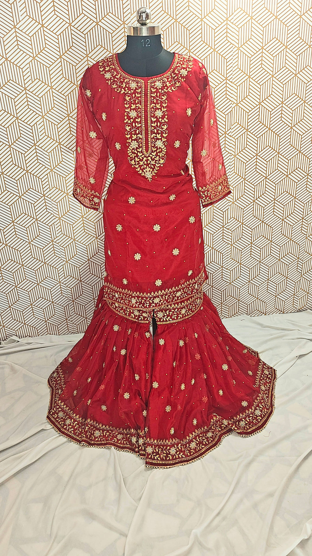 Bridal Maroon booti Pattern Embroidered Gharara