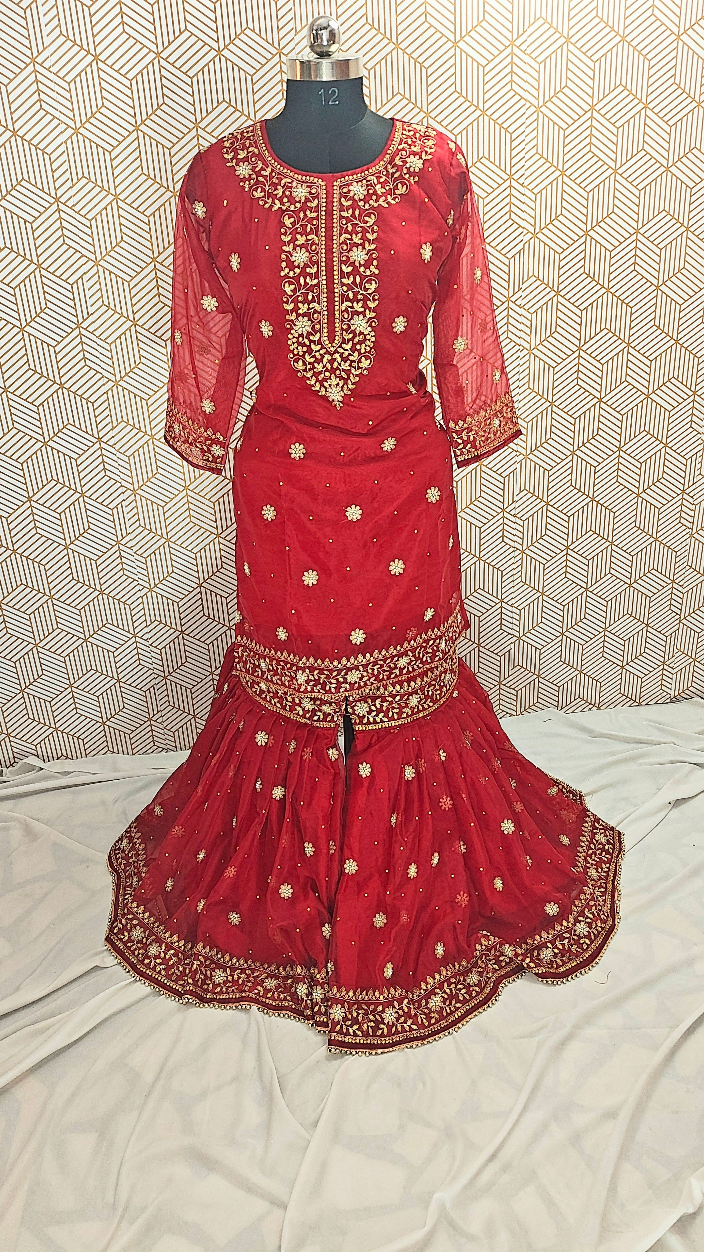 Bridal Maroon booti Pattern Embroidered Gharara