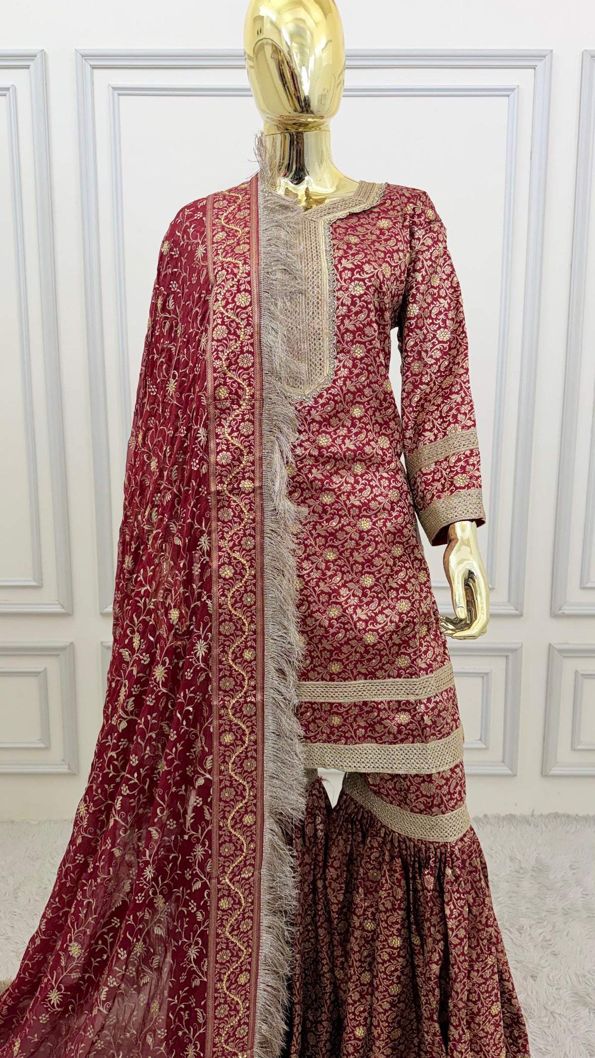 MAROON COLOR BANARASI KIMKHAB GHARARA WITH STONE WORK