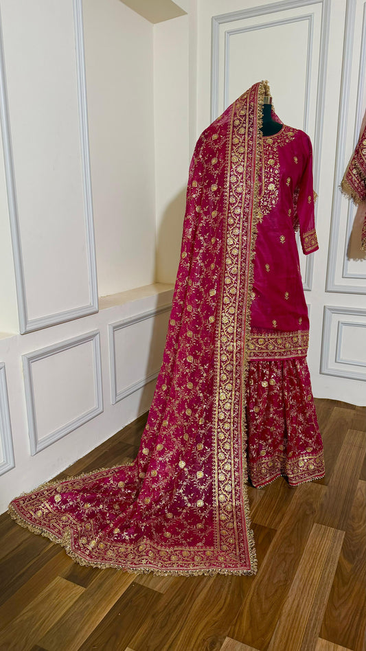 Rani pink zari Embroidery jaal gharara