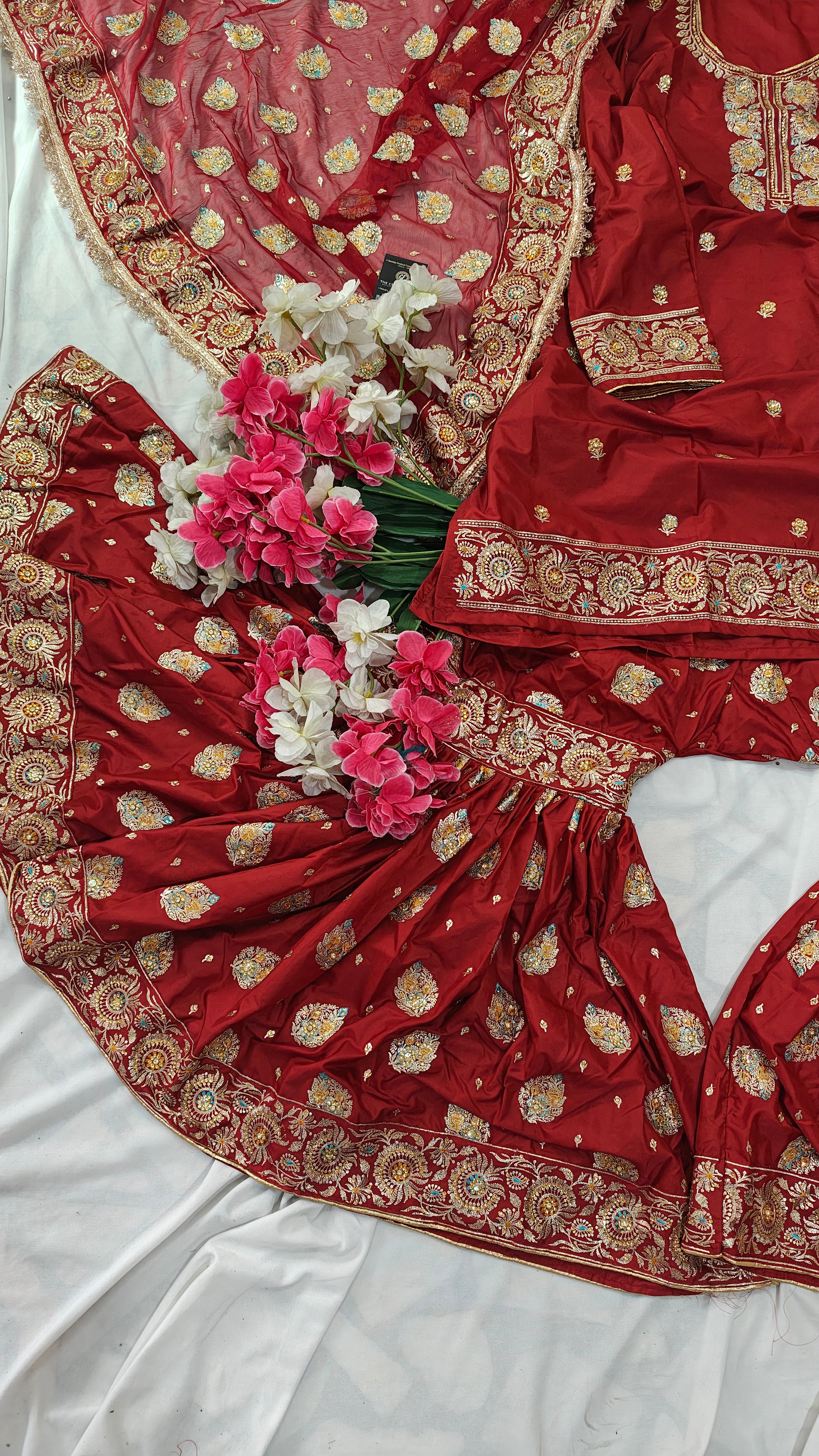 Blood maroon paan pattern Embroidered Gharara with Viscose silk base