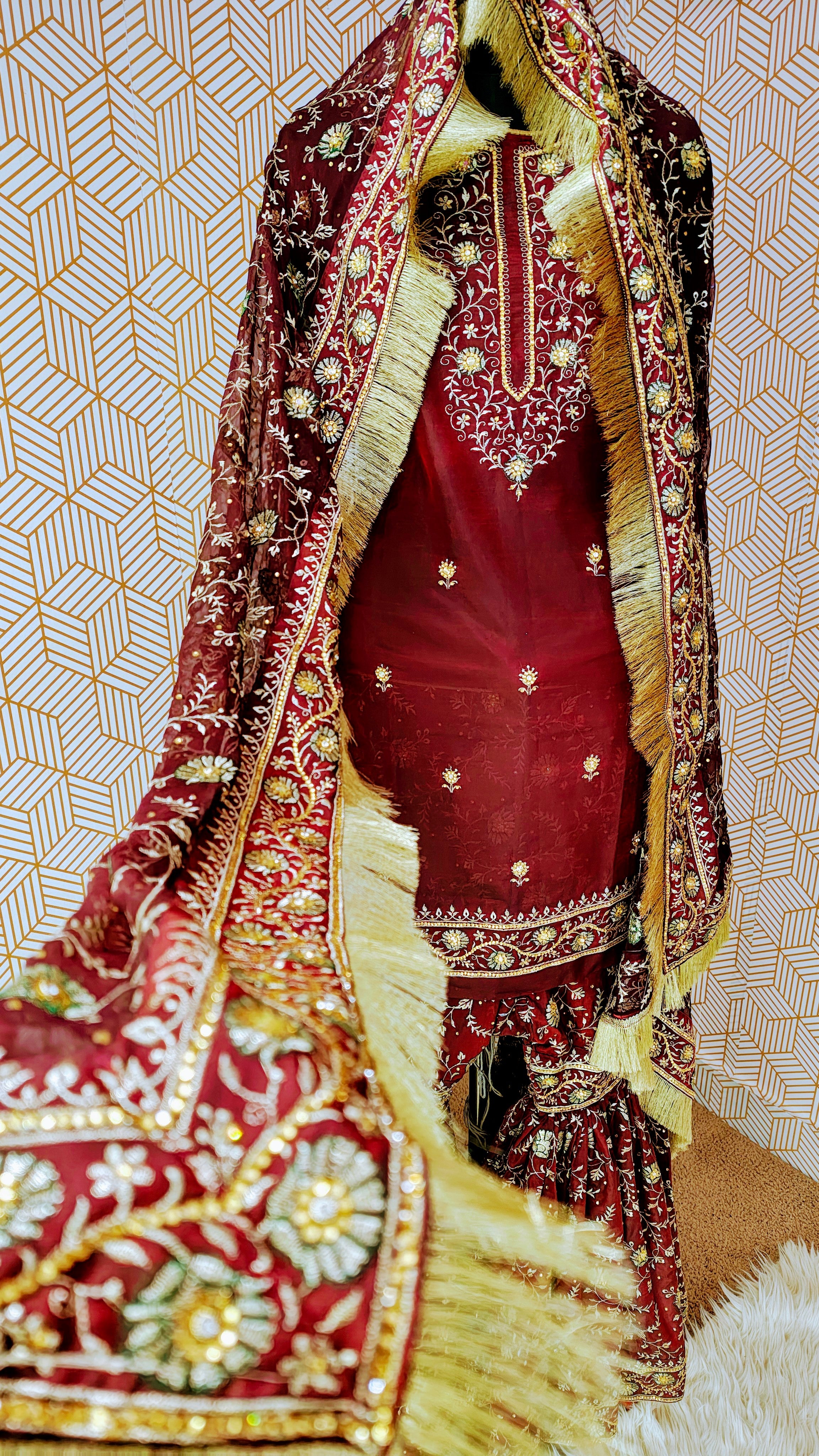 Blood maroon Embroidered Gharara with Viscose silk base