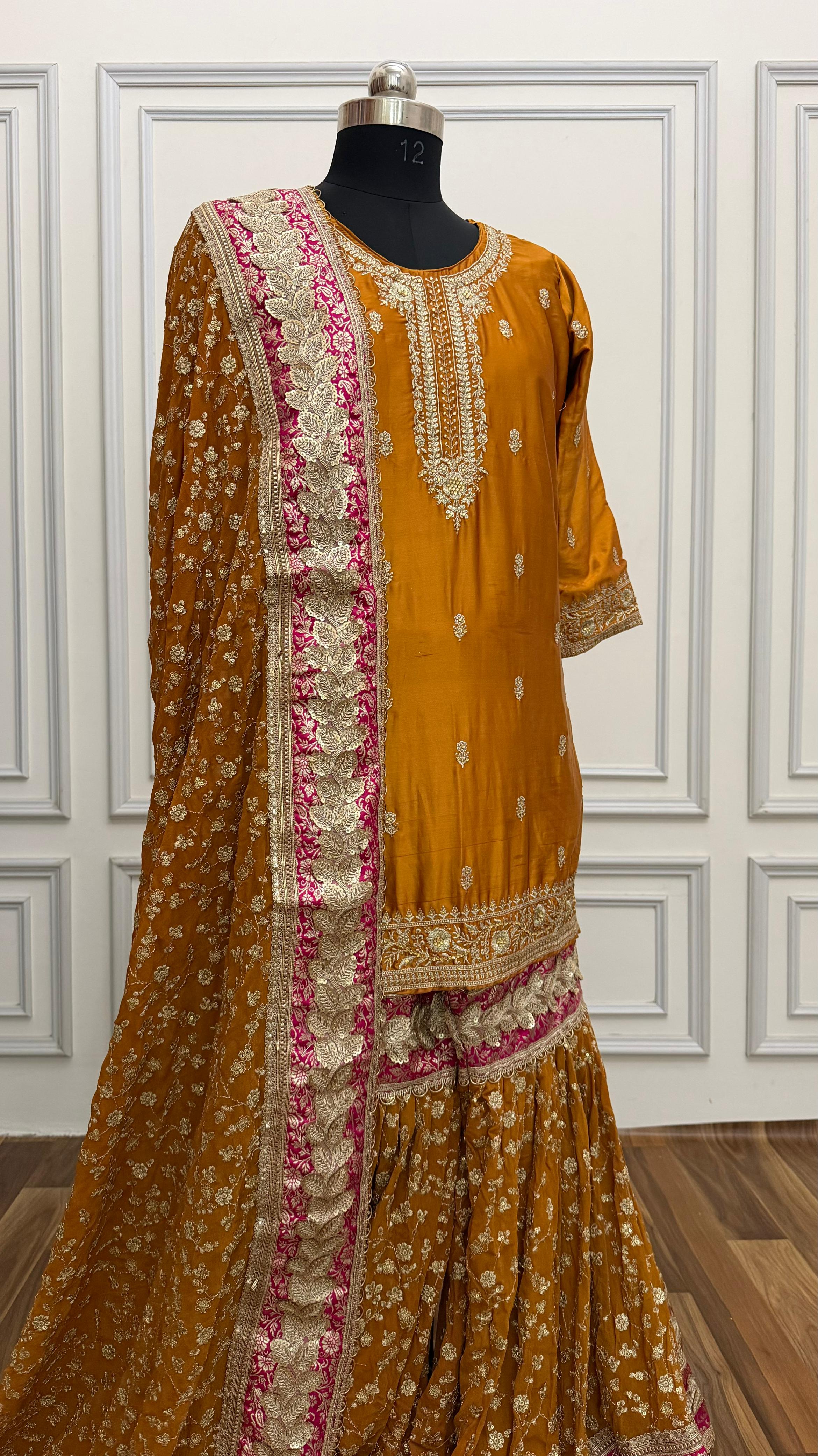 MUSTARD WITH RANI BOARDER GEORGETTE GHARARA