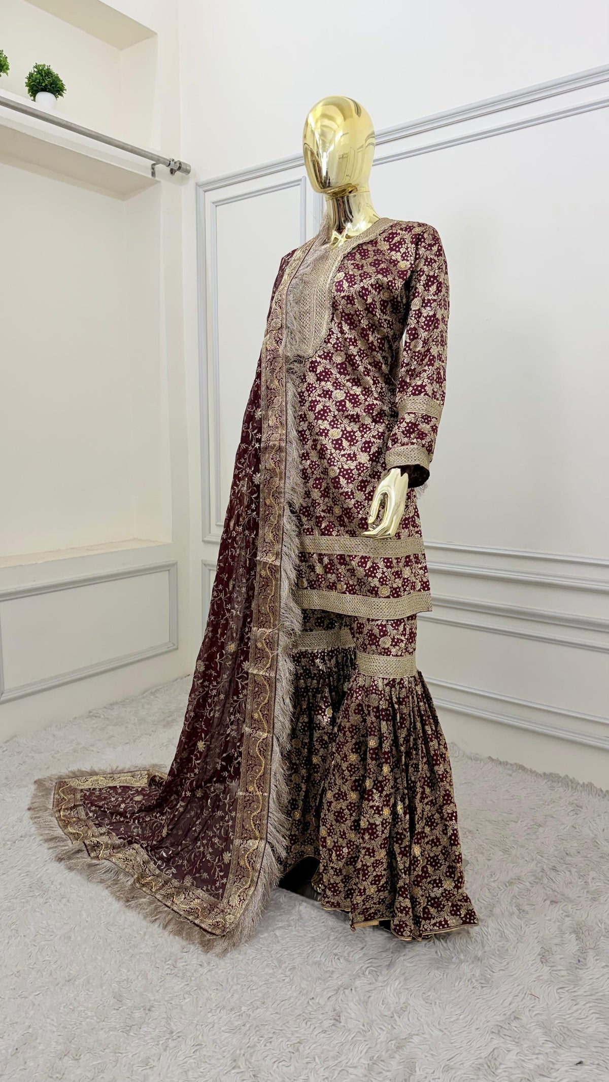 COFFEE COLOR BANARASI KIMKHAB GHARARA WITH STONE WORK