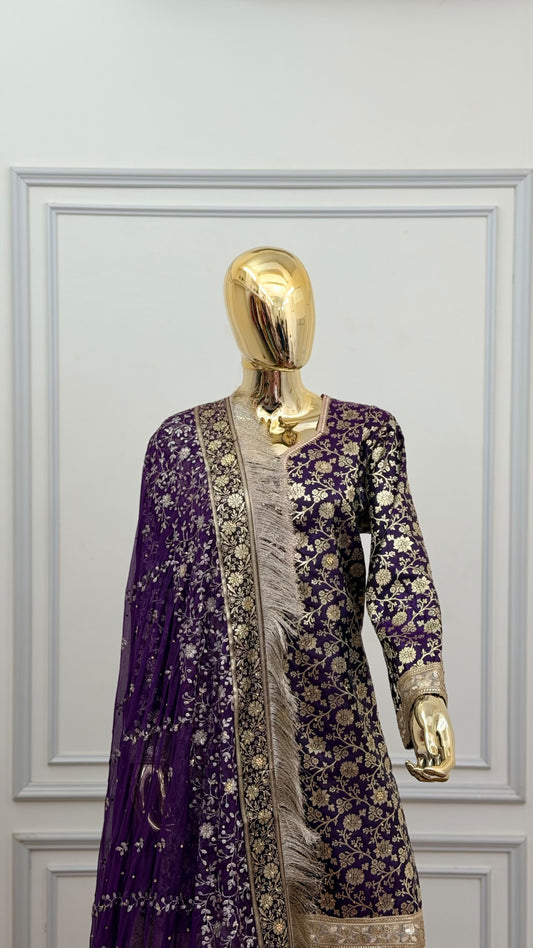 WINE TOP GHARARA WITH STONE WORK