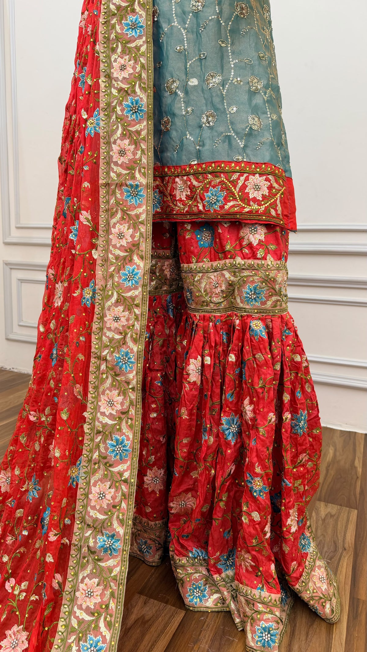 SKY MAROON RESHAM EMBROIDERY GHARARA