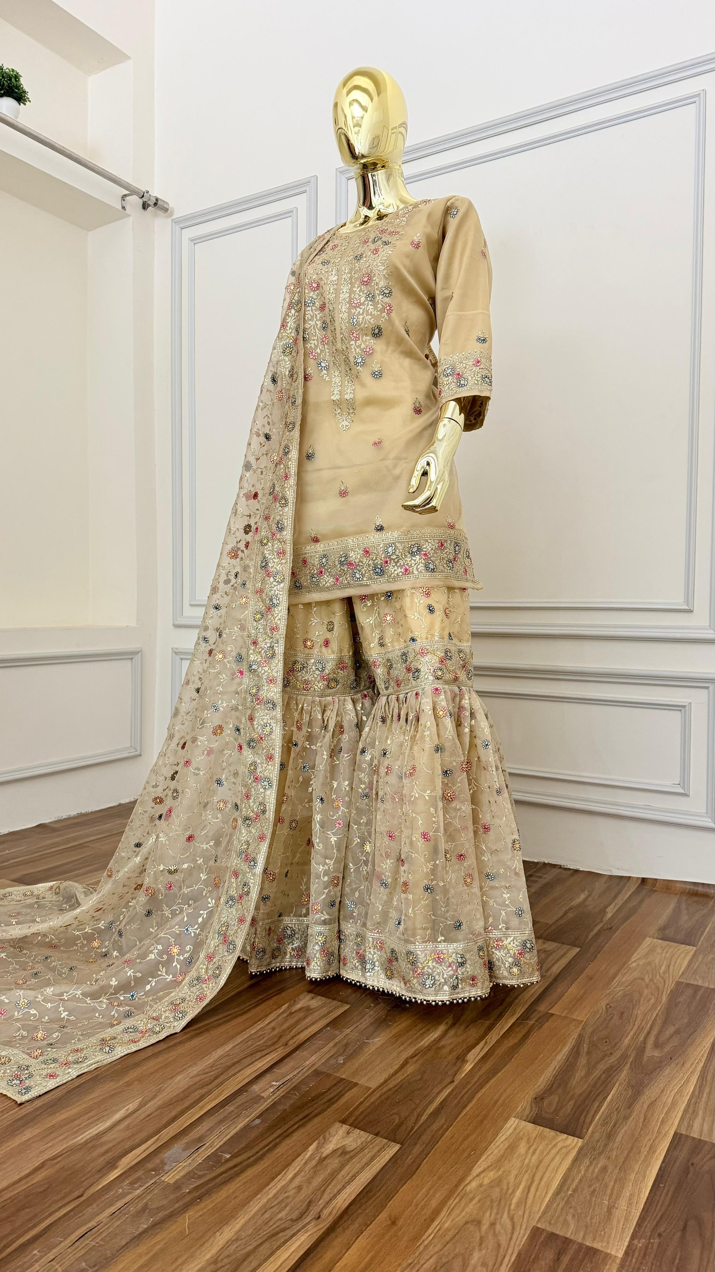 BEIGE SHINY ORGANZA GHARARA