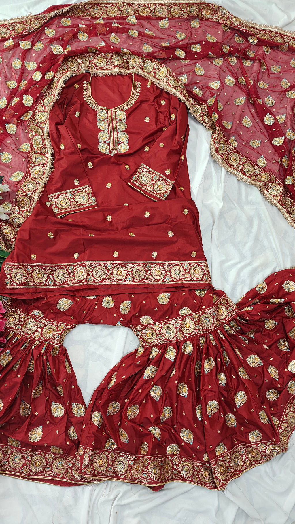 Blood maroon paan pattern Embroidered Gharara with Viscose silk base