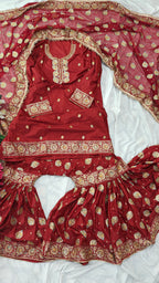 Blood maroon paan pattern Embroidered Gharara with Viscose silk base