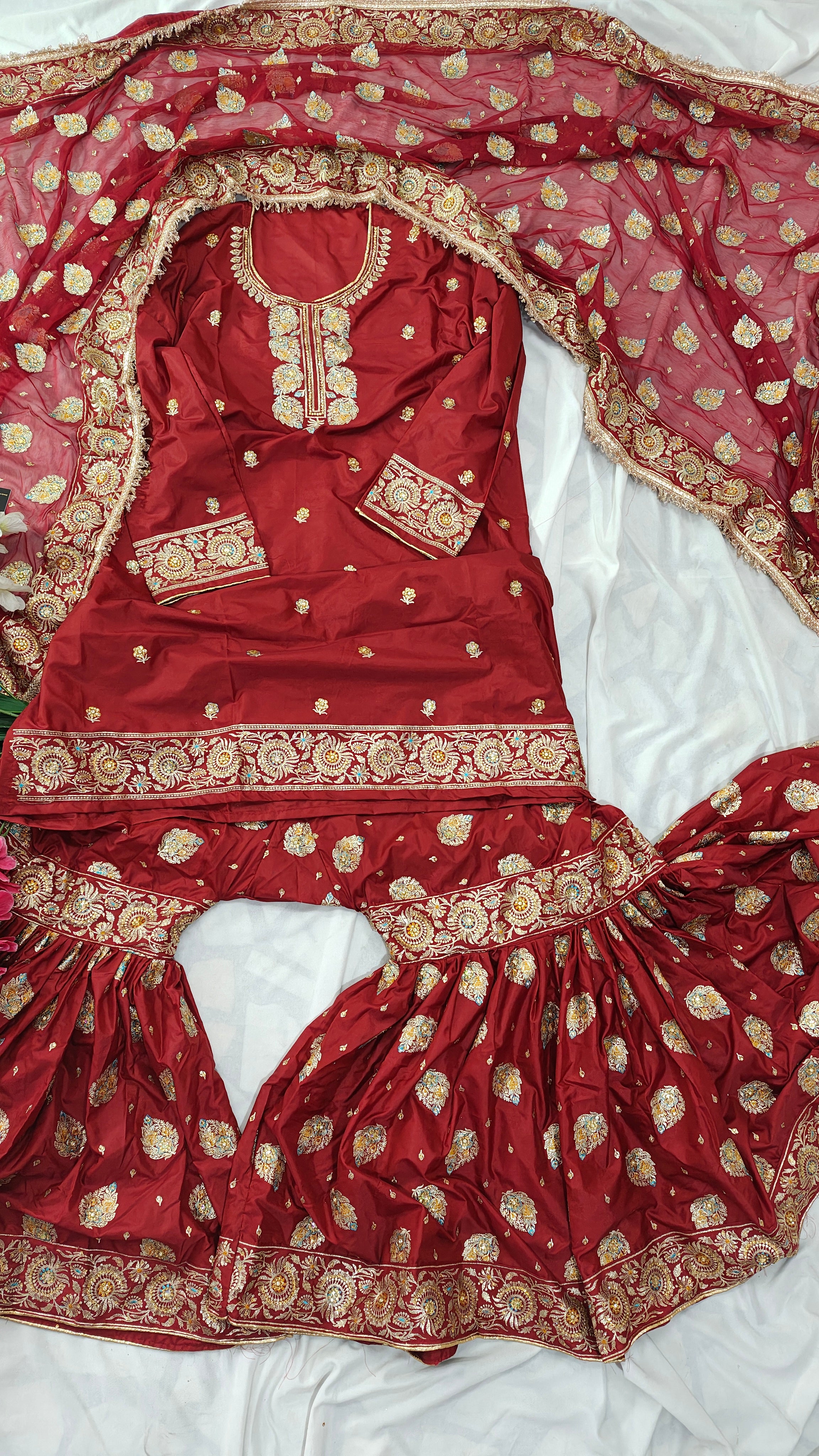 Blood maroon paan pattern Embroidered Gharara with Viscose silk base