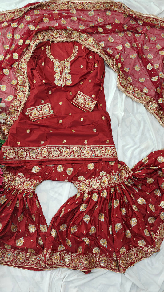 Blood maroon paan pattern Embroidered Gharara with Viscose silk base