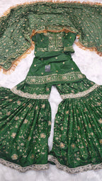 Dark Mehandi Green Embroidered Gharara with Viscose silk base