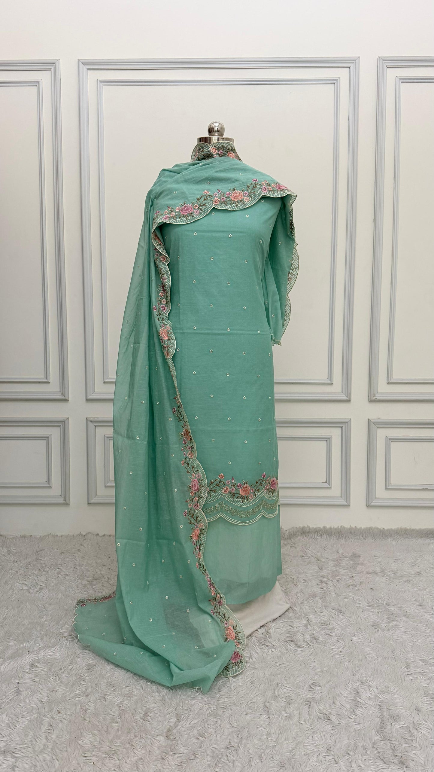 FLORAL MINT GREEN COTTON MUL 3 PIECE SUIT
