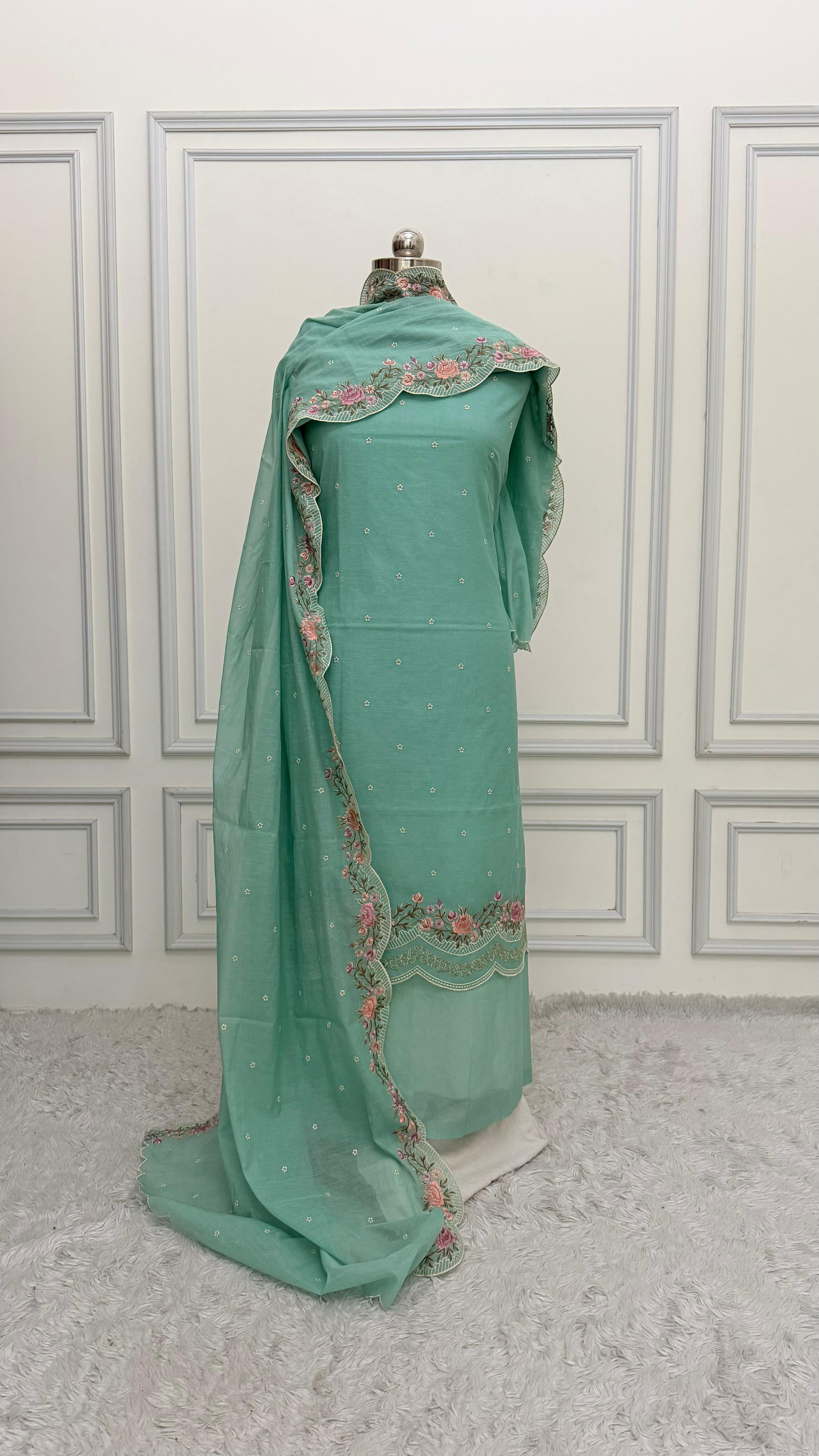 FLORAL MINT GREEN COTTON MUL 3 PIECE SUIT