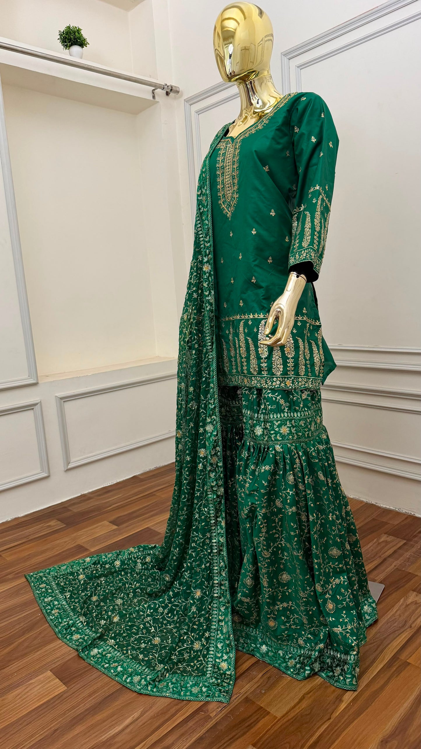 EMERALD GREEN COLOR EMBROIDED GHARARA