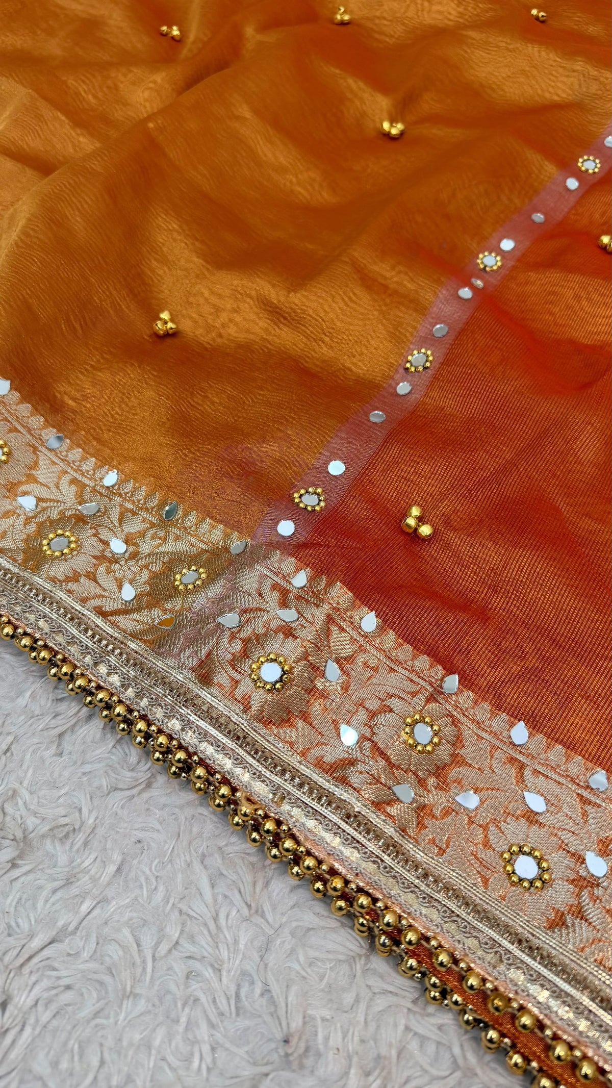 METALLIC ORANGE GHUGROO MIRROR WORK SAREE