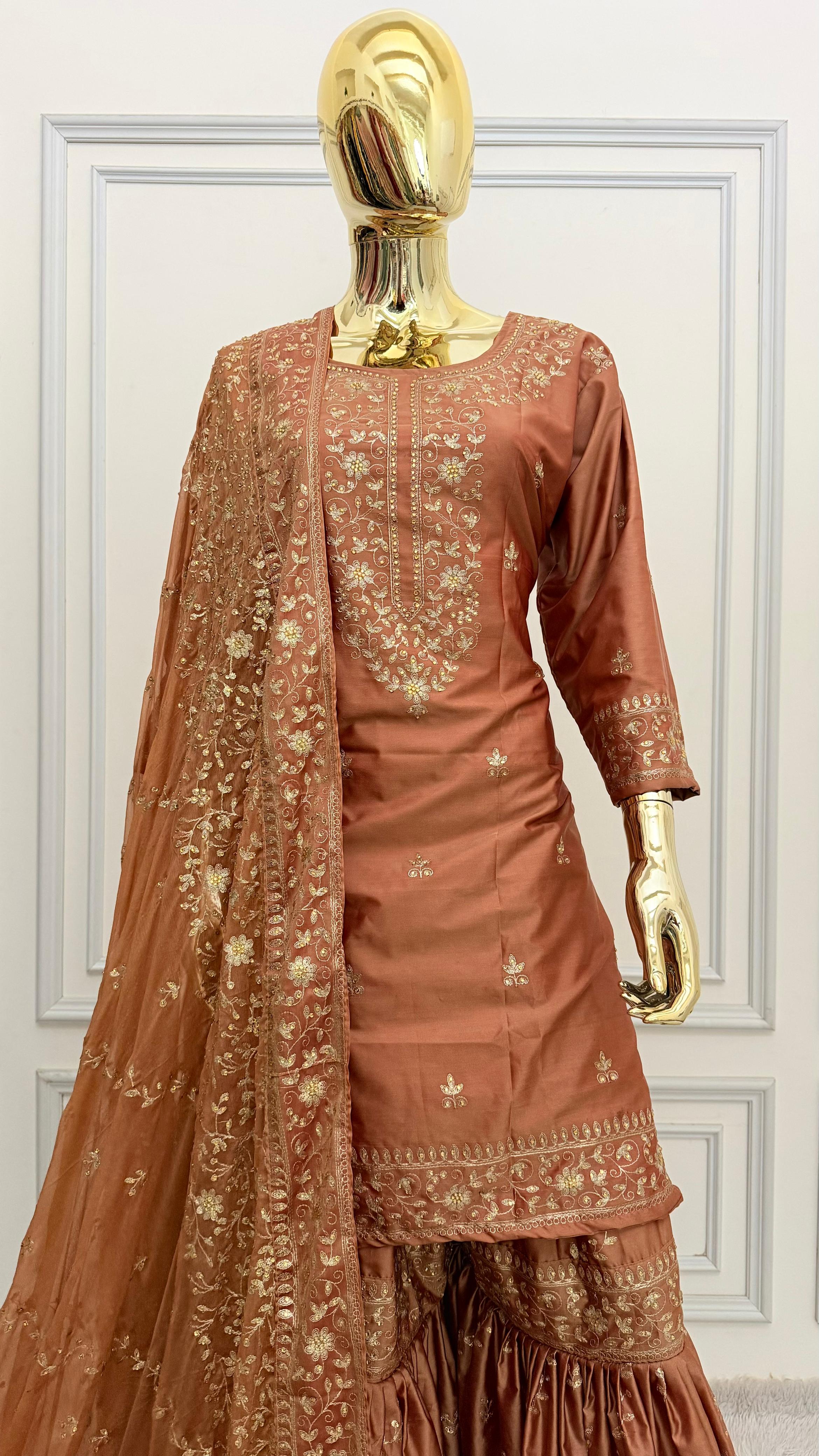 REDDISH PEACH SHADE VISCOSE SILK BASED GHARARA