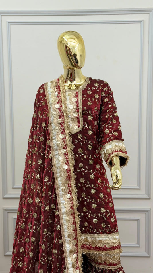 DEEP BLOOD MAROON RAMPURI GHARARA