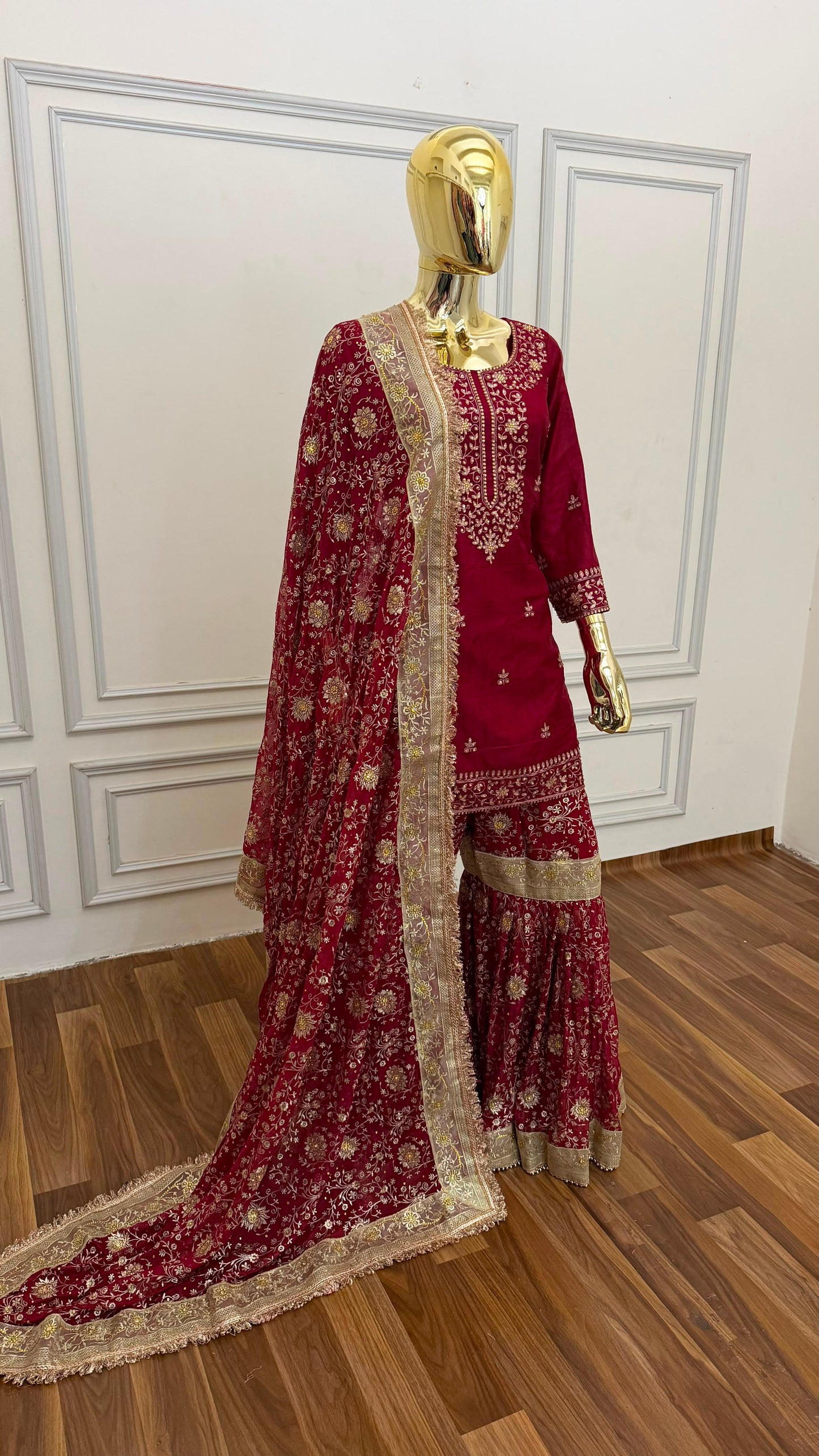 MAROON CHIFFON SILK GHARARA