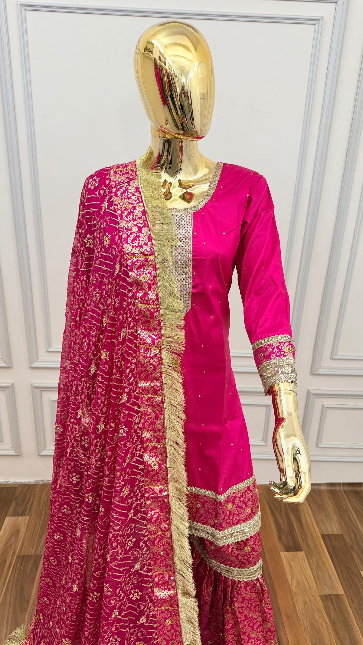 RANI PINK PLAN TOP KIMKHAB GHARARA
