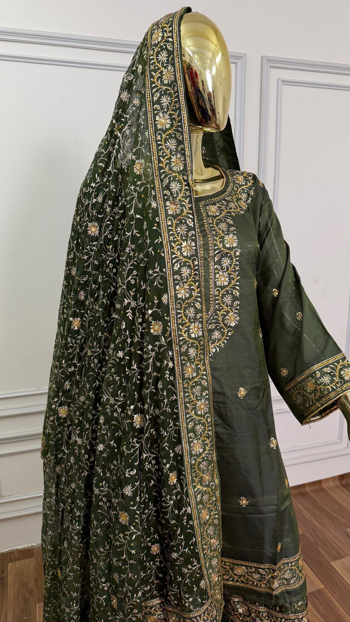 DEEP MEHENDI KUNDAN WORK SILK GHARARA