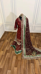 Deep maroon shade contrast farshi lahenga