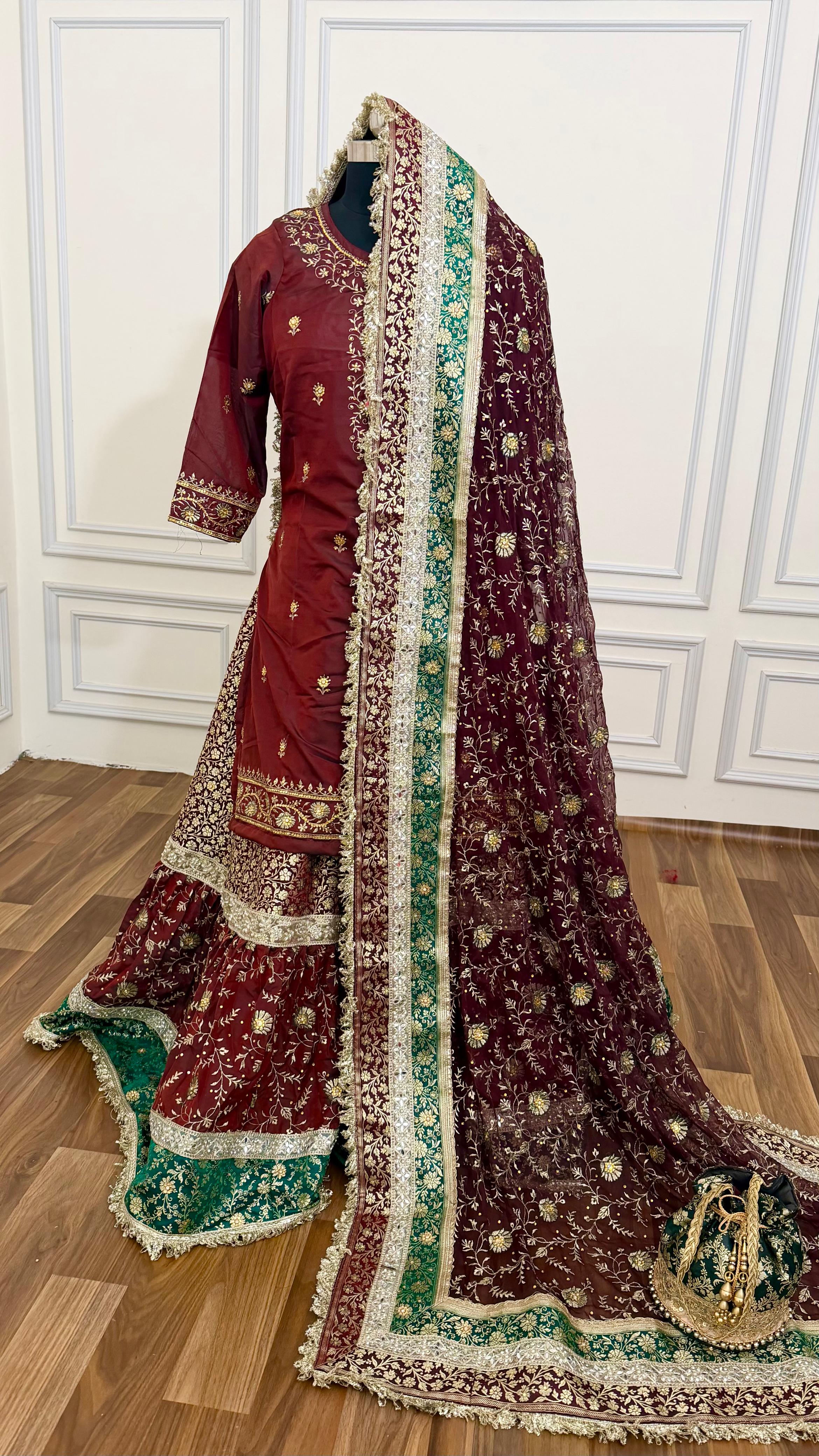Deep maroon shade contrast farshi lahenga