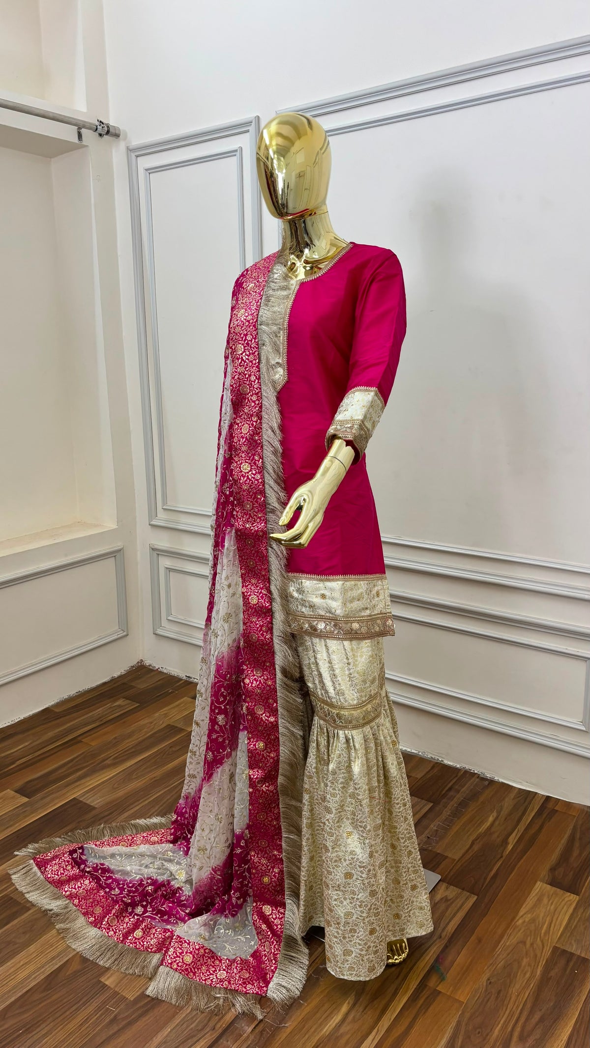 RANI PINK OFF WHITE RED BANARASI KIMKHAB GHARARA WITH STONE WORK