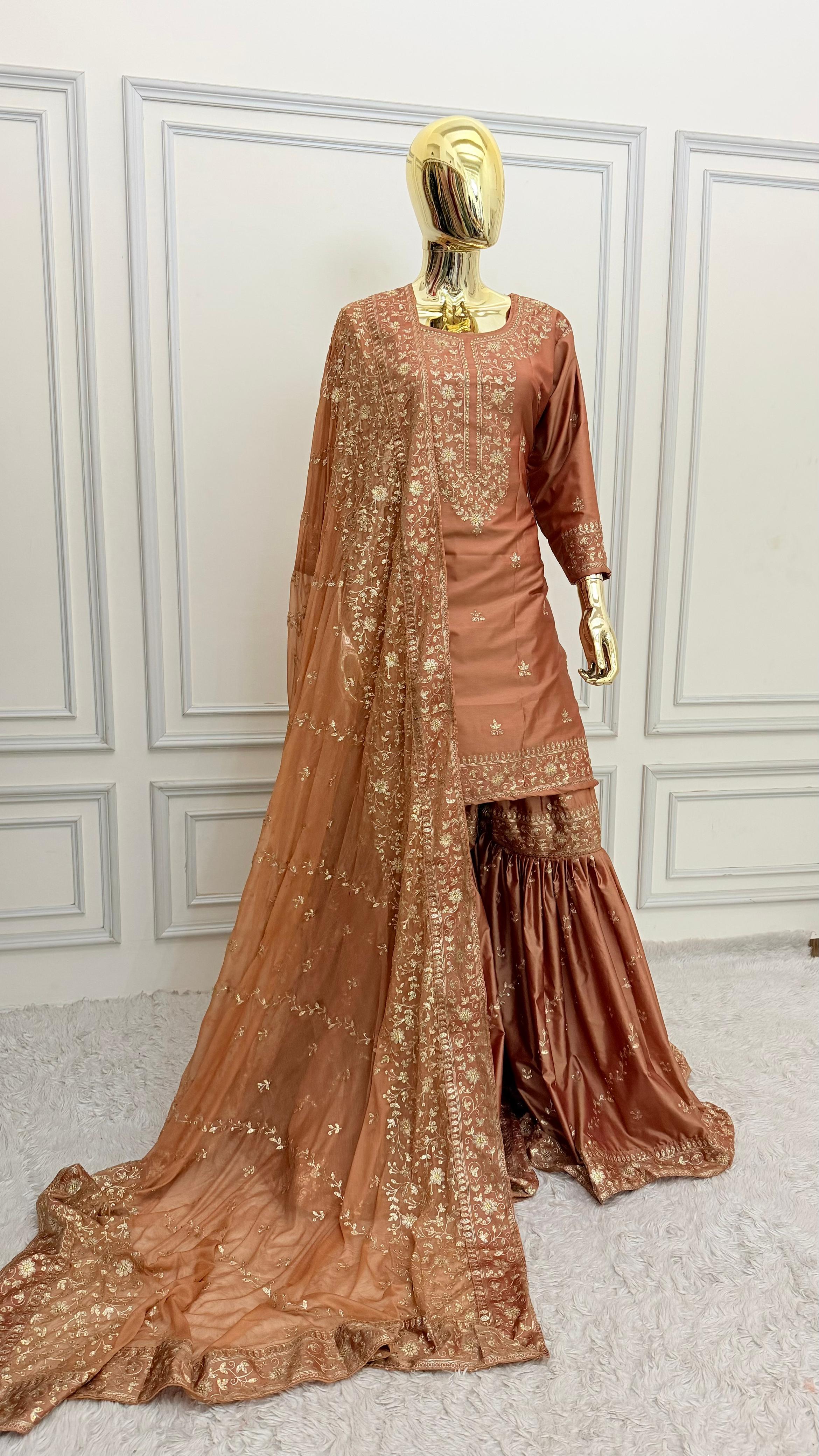 REDDISH PEACH SHADE VISCOSE SILK BASED GHARARA