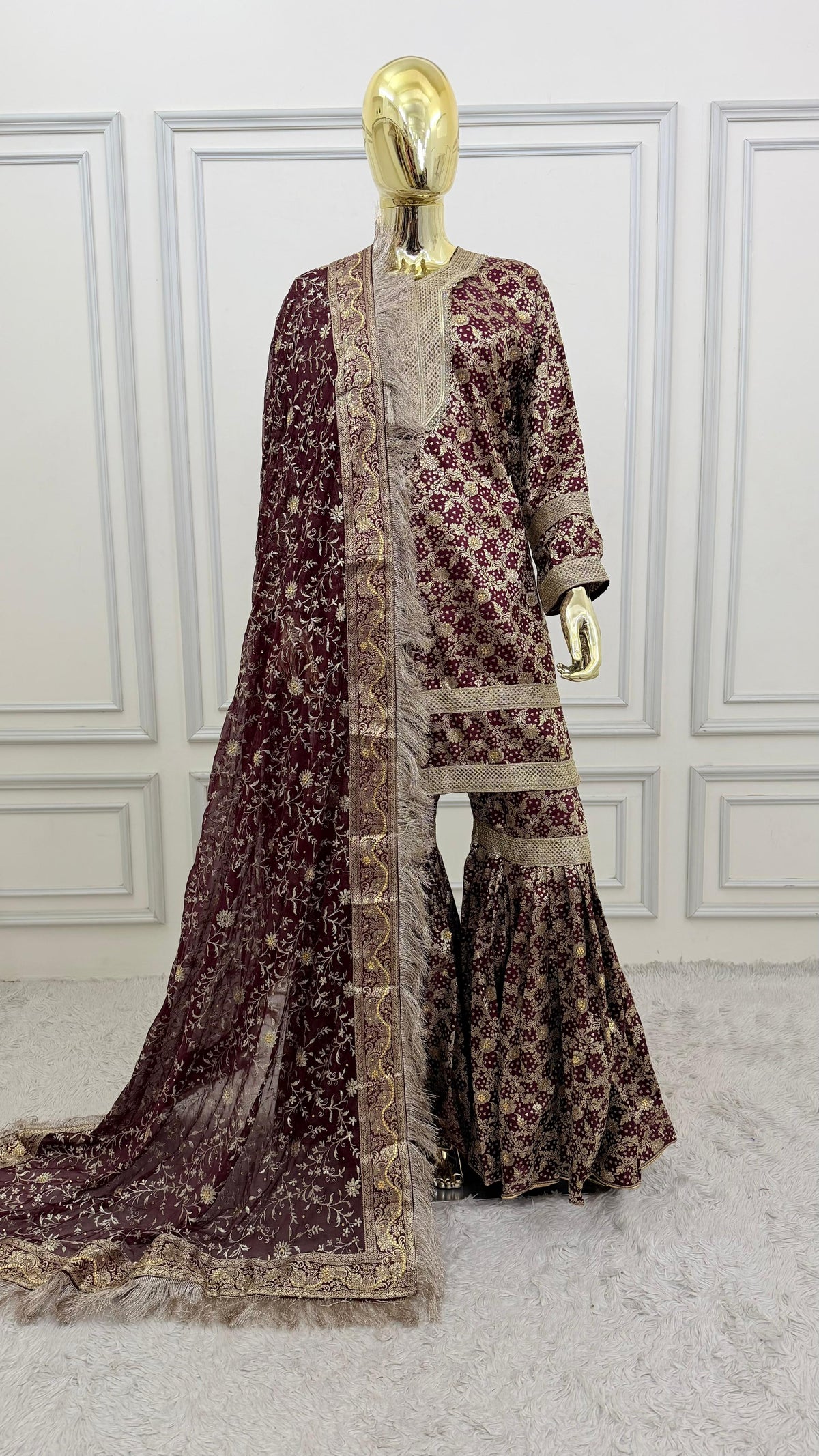 COFFEE COLOR BANARASI KIMKHAB GHARARA WITH STONE WORK