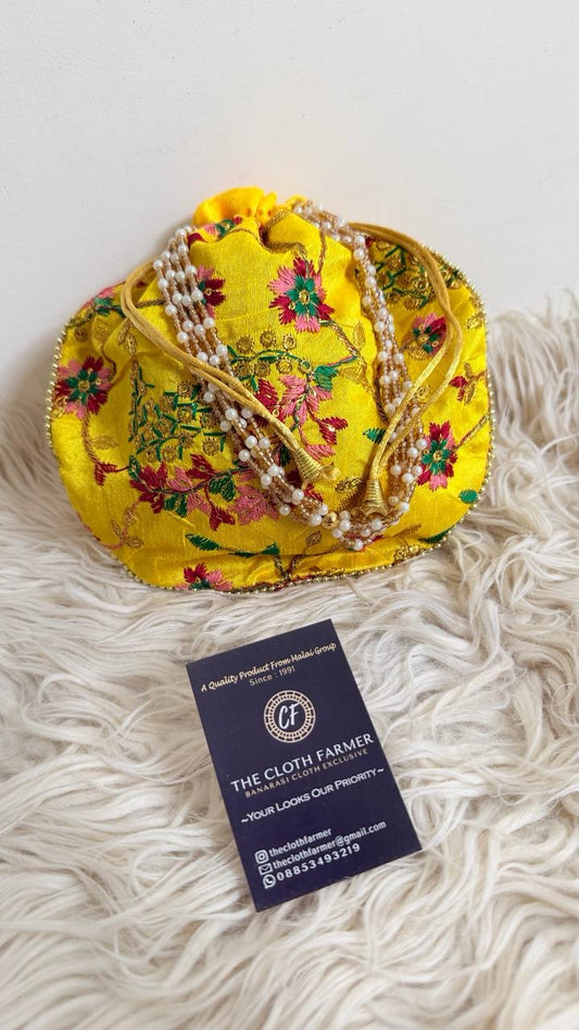 YELLOW COLOR EMBROIDED BANARASI POTLI