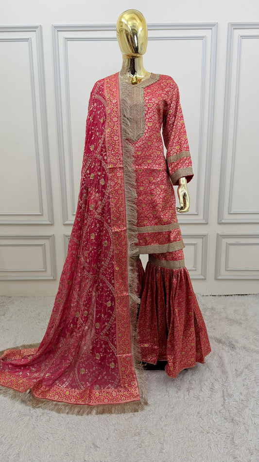 STRAWBERRY COLOR BANARASI KIMKHAB GHARARA WITH STONE WORK