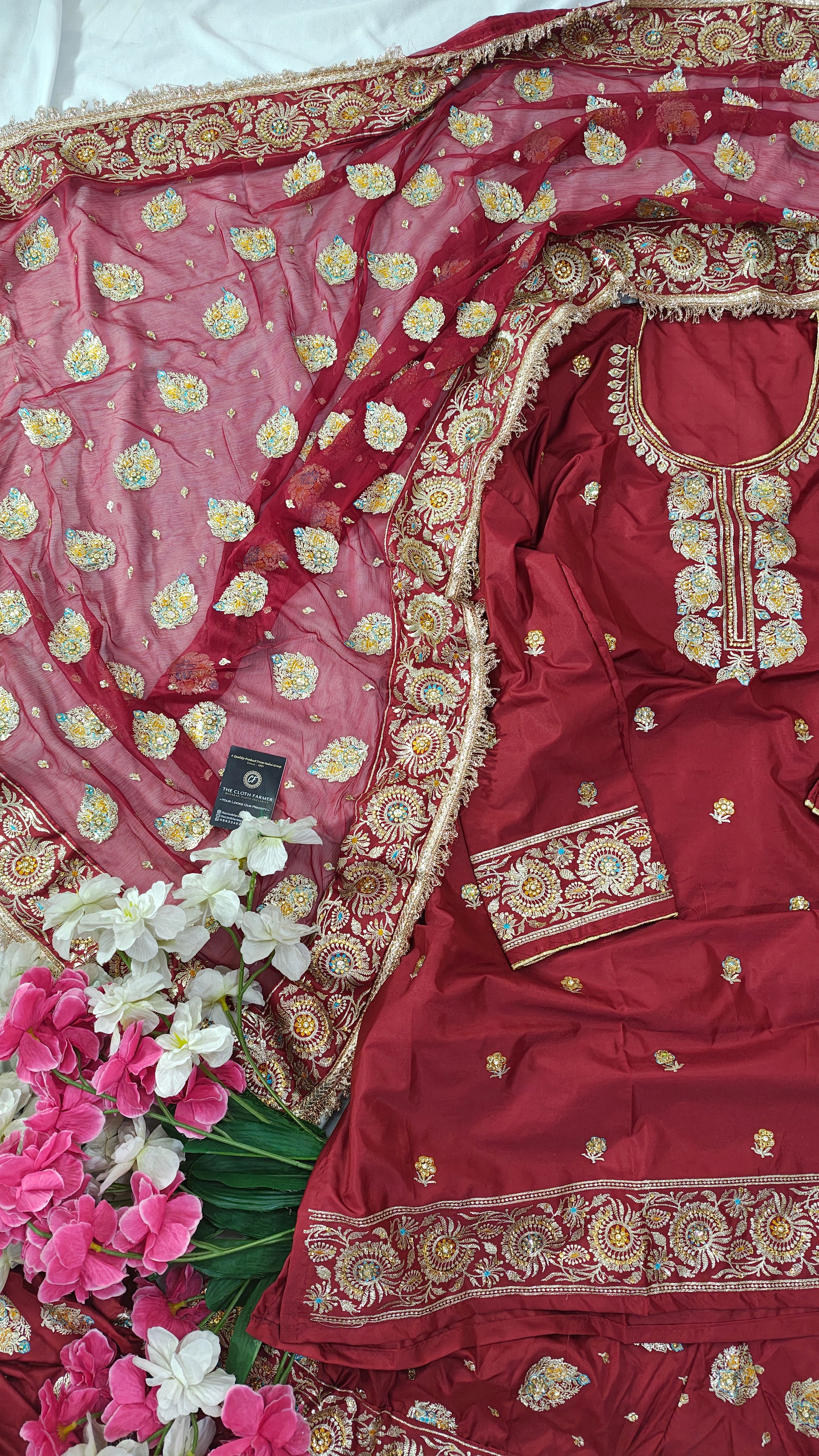 Blood maroon paan pattern Embroidered Gharara with Viscose silk base