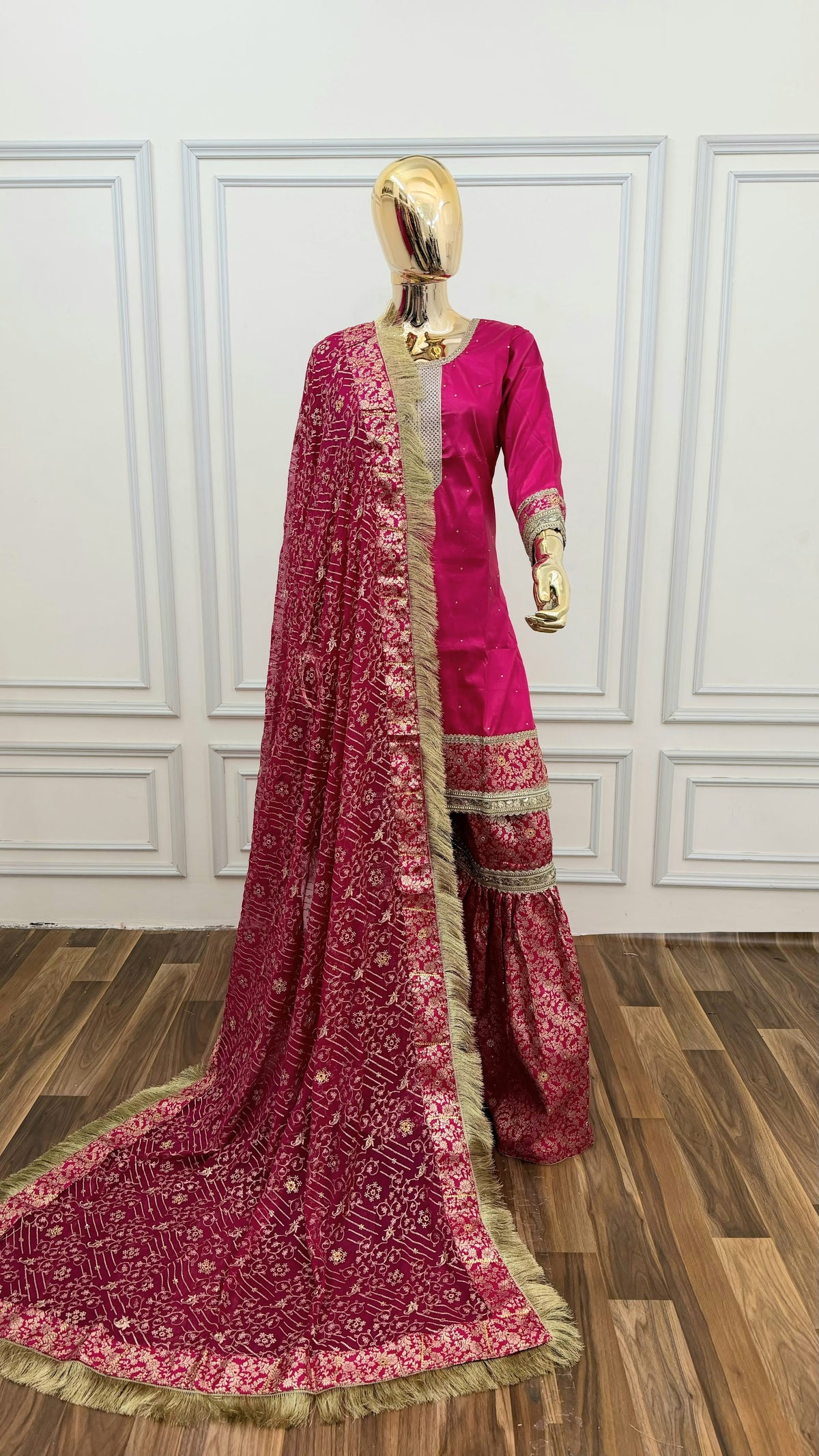 RANI PINK PLAN TOP KIMKHAB GHARARA