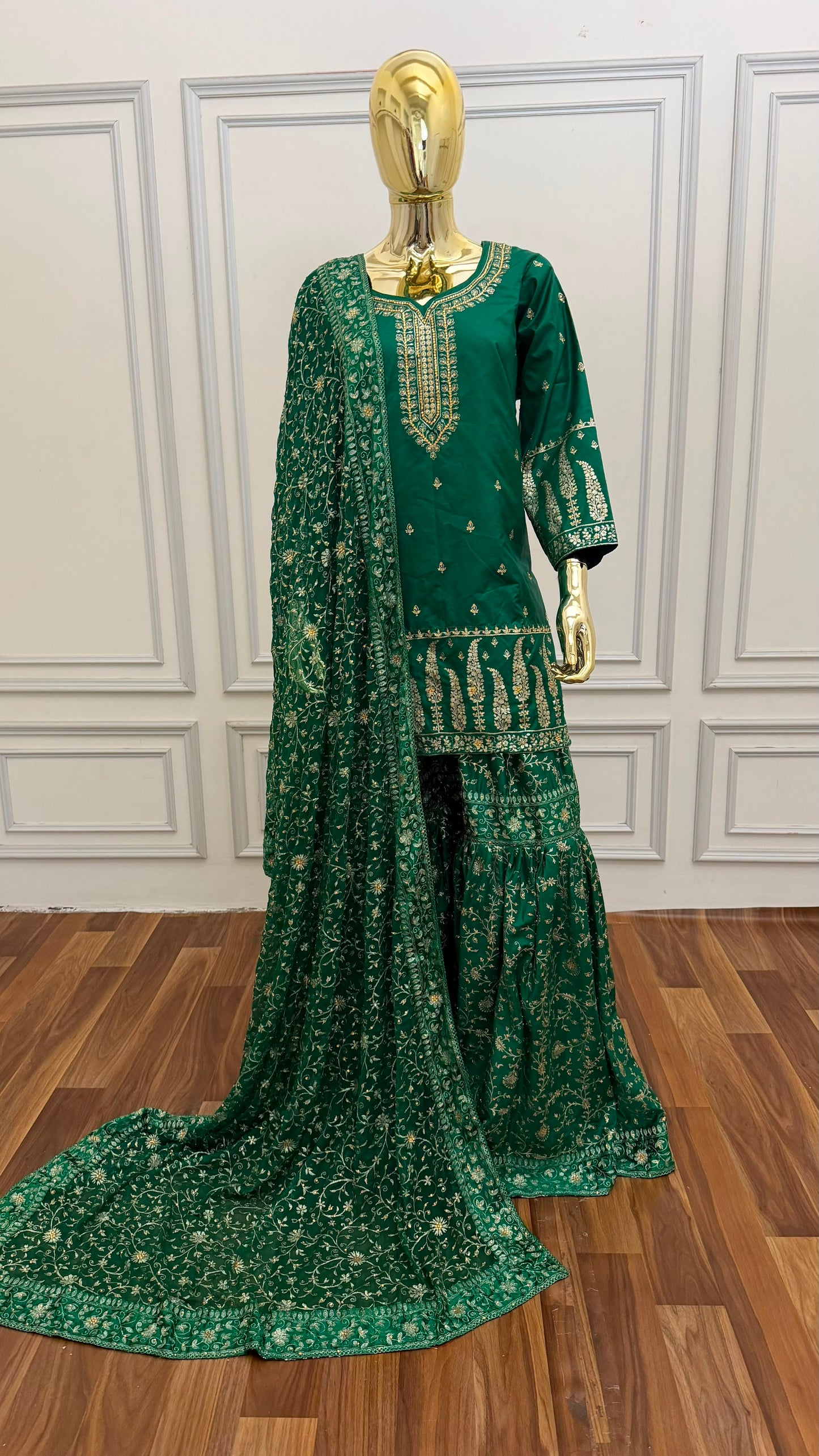 EMERALD GREEN COLOR EMBROIDED GHARARA
