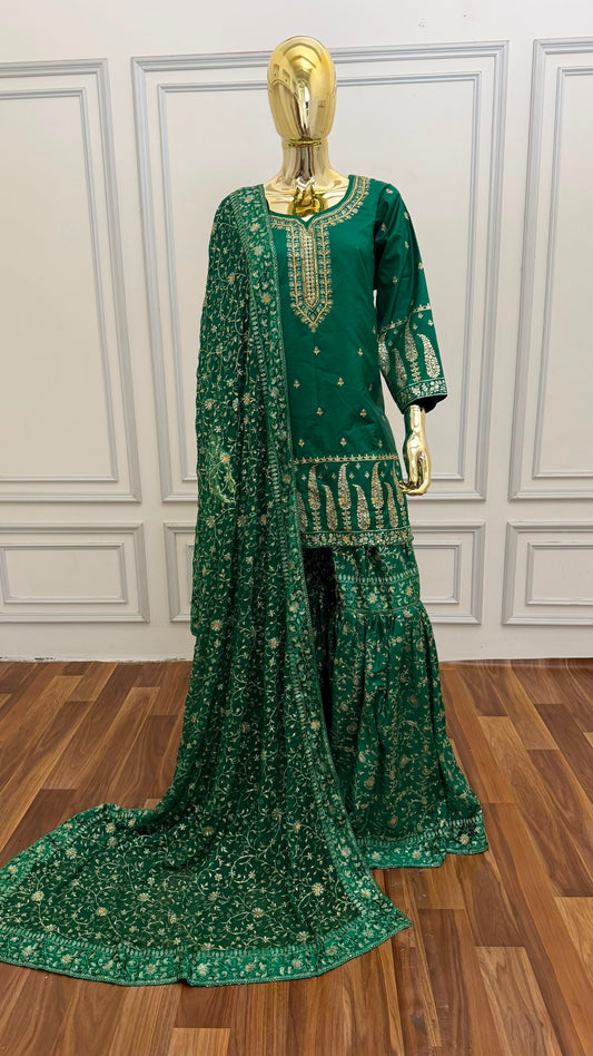 EMERALD GREEN COLOR EMBROIDED GHARARA