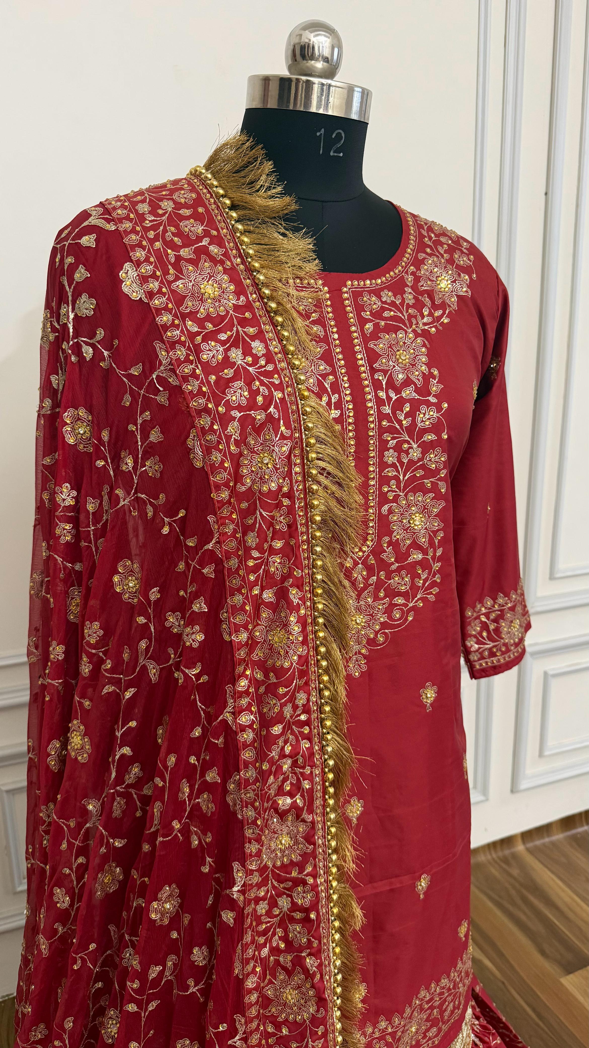 Bridal maroon viscose silk based gharara