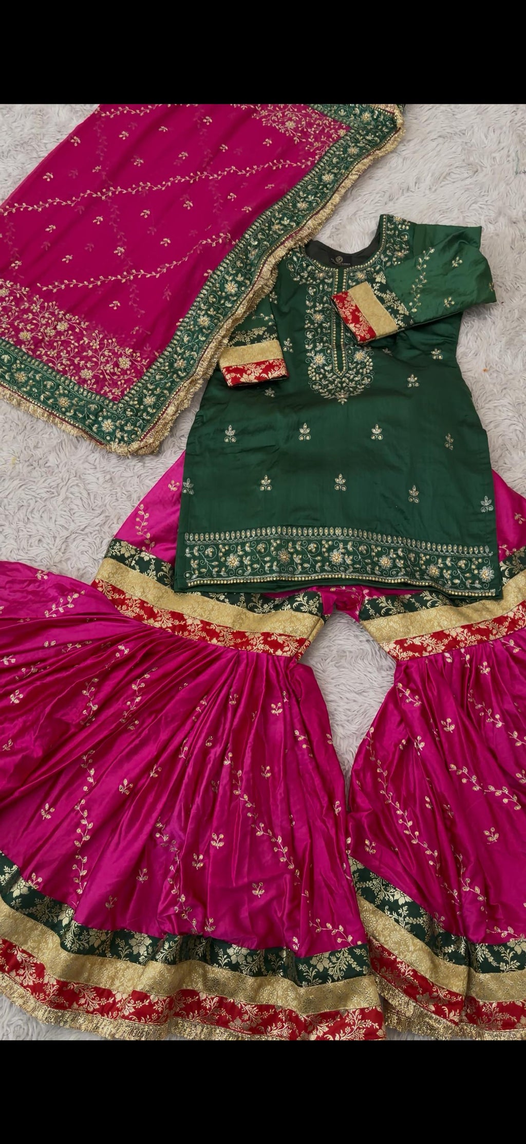 Contrast Embroidery Gharara 2 On Italian shimmer Silk Fabric