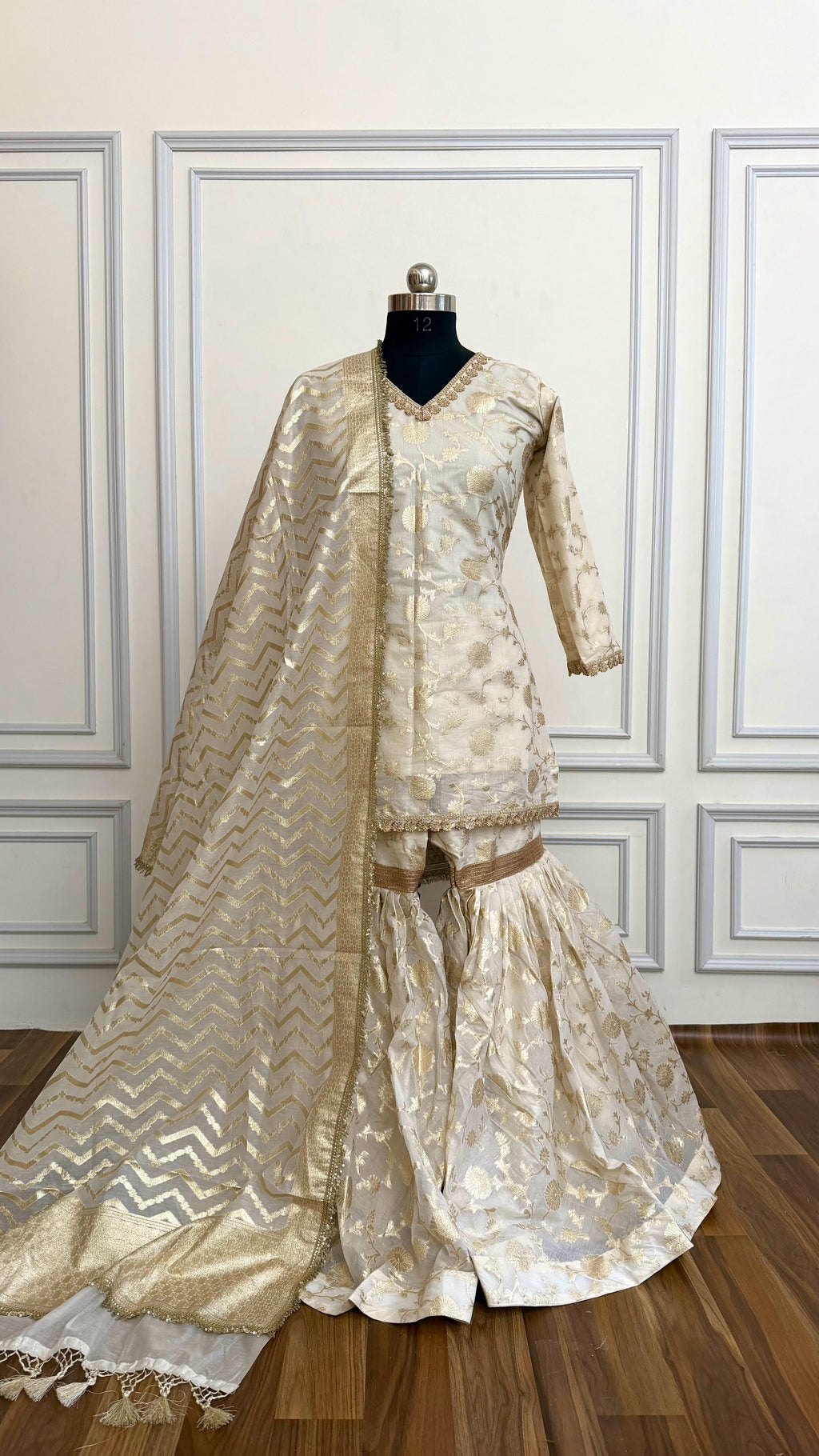 Off white banarasi cotton silk gharara