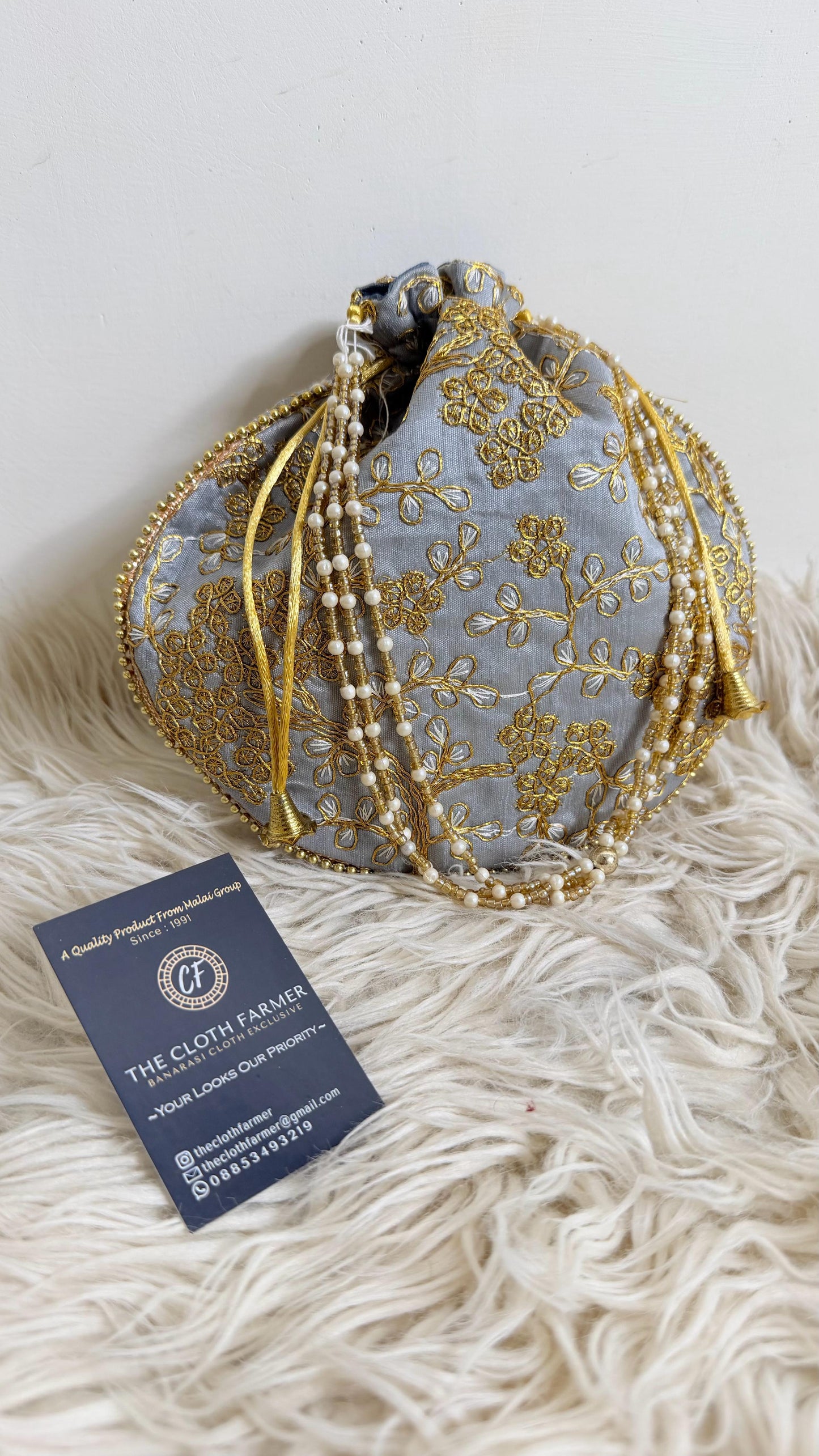 BANARASI EMBROIDED GREY COLOR POTLI