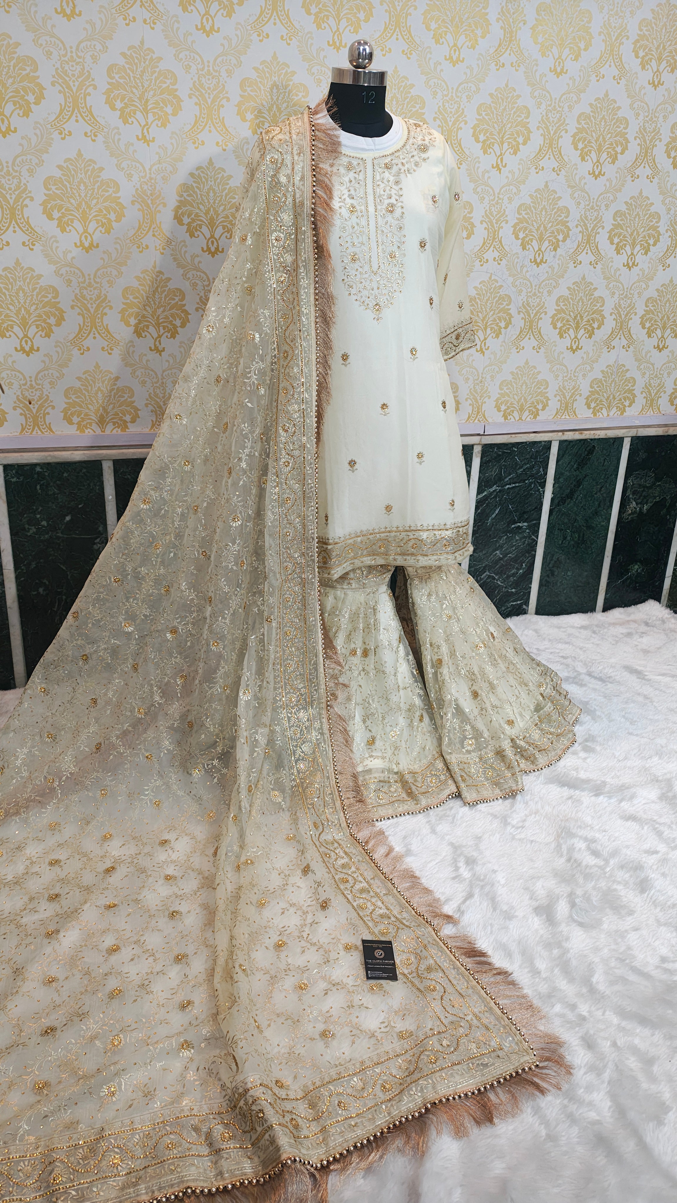 Off white  Jaal Pattern Embroidered Gharara