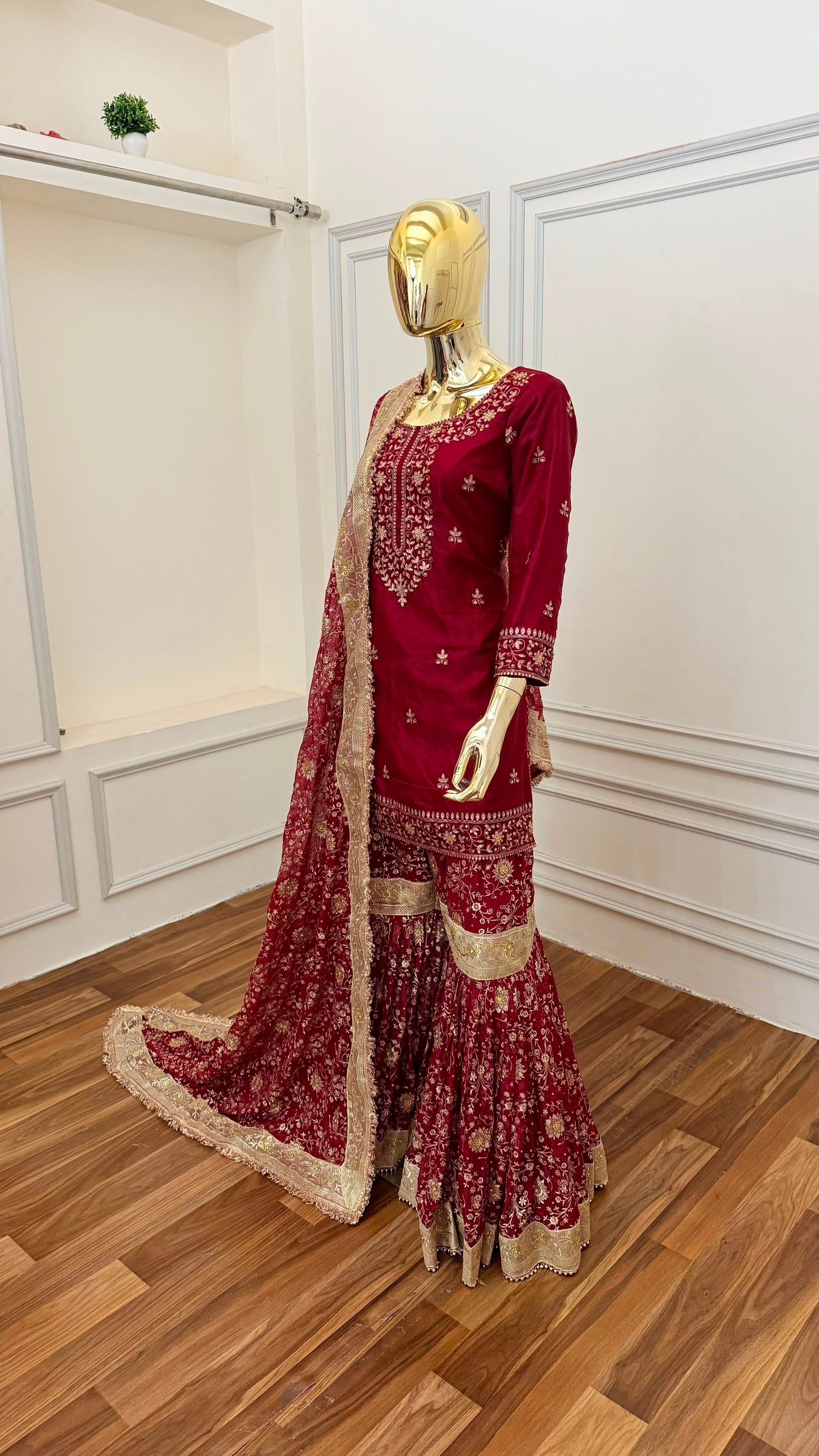 MAROON CHIFFON SILK GHARARA