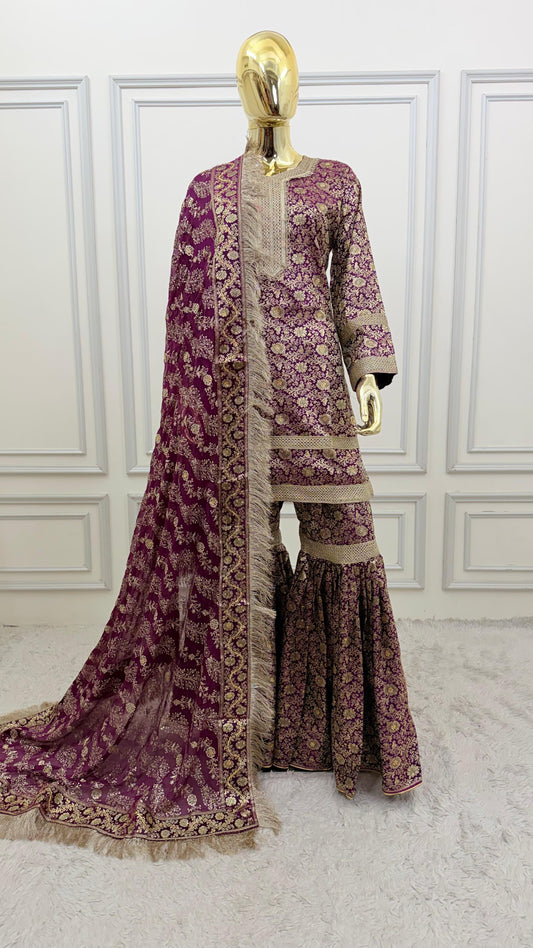 WINE COLOR BANARASI KIMKHAB GHARARA WITH STONE WORK
