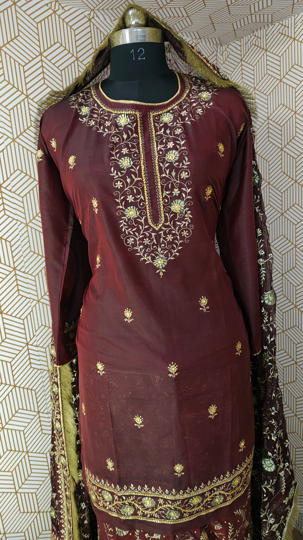 Coffee maroon Embroidered Gharara with Viscose silk base